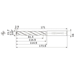 MMS1570X5DB DP7020 15.7 mm Dia. × 16 mm Shank × 114.9 mm Flute Length × 173.9 mm OAL, 140°, 2 Flute, Coolant Thru, Solid Carbide Drill