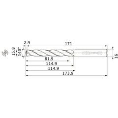MMS1580X5DB DP7020 15.8 mm Dia. × 16 mm Shank × 114.9 mm Flute Length × 173.9 mm OAL, 140°, 2 Flute, Coolant Thru, Solid Carbide Drill