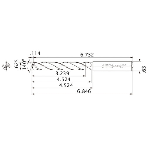 MMS1588X5D160 DP7020 5/8″ Dia. × 0.63″ Shank × 4.524″ Flute Length × 6.846″ OAL, 140°, 2 Flute, Coolant Thru, Solid Carbide Drill