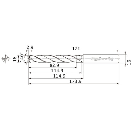 MMS1600X5DB DP7020 16 mm Dia. × 16 mm Shank × 114.9 mm Flute Length × 173.9 mm OAL, 140°, 2 Flute, Coolant Thru, Solid Carbide Drill