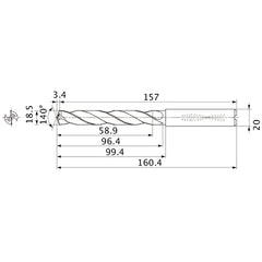 MMS1850X3DB DP7020 18.5 mm Dia. × 20 mm Shank × 96.4 mm Flute Length × 160.4 mm OAL, 140°, 2 Flute, Coolant Thru, Solid Carbide Drill