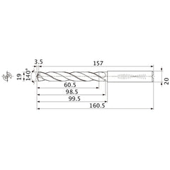 MMS1900X3DB DP7020 19 mm Dia. × 20 mm Shank × 98.5 mm Flute Length × 160.5 mm OAL, 140°, 2 Flute, Coolant Thru, Solid Carbide Drill