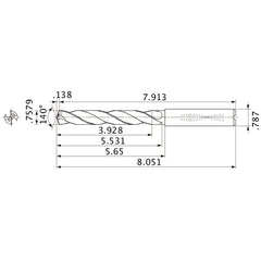 MMS1925X5D200 DP7020 0.7579″ Dia. × 0.787″ Shank × 5.531″ Flute Length × 8.051″ OAL, 140°, 2 Flute, Coolant Thru, Solid Carbide Drill