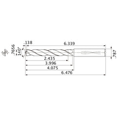 MMS1945X3D200 DP7020 0.7656″ Dia. × 0.787″ Shank × 3.996″ Flute Length × 6.476″ OAL, 140°, 2 Flute, Coolant Thru, Solid Carbide Drill