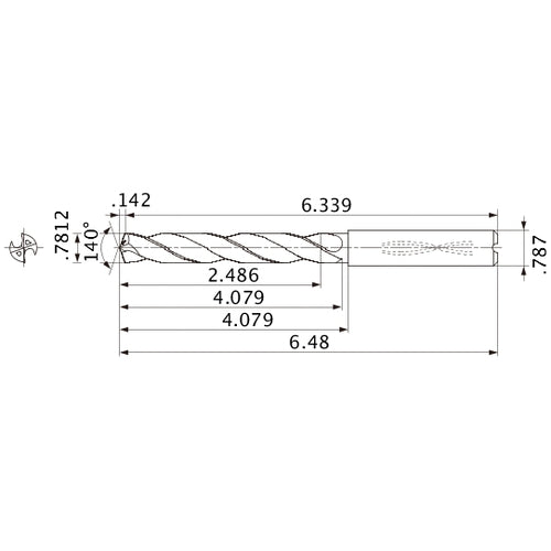 MMS1984X3D200 DP7020 0.7812″ Dia. × 0.787″ Shank × 4.079″ Flute Length × 6.48″ OAL, 140°, 2 Flute, Coolant Thru, Solid Carbide Drill