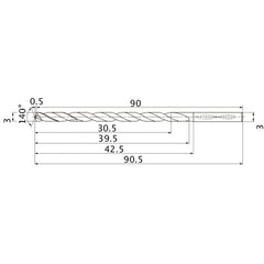 MNS0300X10DB TF15 3 mm Dia. × 3 mm Shank × 39.5 mm Flute Length × 90.5 mm OAL, 140°, 2 Flute, Coolant Thru, Solid Carbide Drill