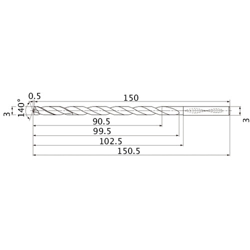MNS0300X30DB TF15 3 mm Dia. × 3 mm Shank × 99.5 mm Flute Length × 150.5 mm OAL, 140°, 2 Flute, Coolant Thru, Solid Carbide Drill