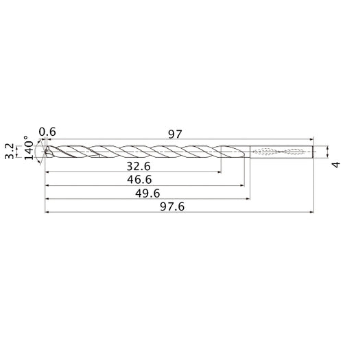 MNS0320X10DB TF15 3.2 mm Dia. × 4 mm Shank × 46.6 mm Flute Length × 97.6 mm OAL, 140°, 2 Flute, Coolant Thru, Solid Carbide Drill