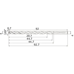 MNS0400LB TF15 4 mm Dia. × 4 mm Shank × 44.7 mm Flute Length × 92.7 mm OAL, 140°, 2 Flute, Coolant Thru, Solid Carbide Drill