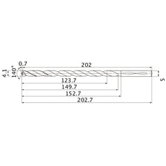 MNS0410X30DB TF15 4.1 mm Dia. × 5 mm Shank × 149.7 mm Flute Length × 202.7 mm OAL, 140°, 2 Flute, Coolant Thru, Solid Carbide Drill