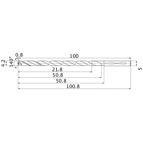 MNS0420LB TF15 4.2 mm Dia. × 5 mm Shank × 50.8 mm Flute Length × 100.8 mm OAL, 140°, 2 Flute, Coolant Thru, Solid Carbide Drill