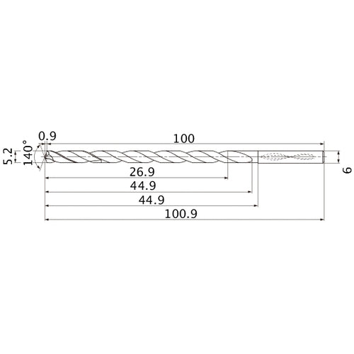 MNS0520LB TF15 5.2 mm Dia. × 6 mm Shank × 44.9 mm Flute Length × 100.9 mm OAL, 140°, 2 Flute, Coolant Thru, Solid Carbide Drill