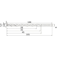 MNS0540LB TF15 5.4 mm Dia. × 6 mm Shank × 45 mm Flute Length × 101 mm OAL, 140°, 2 Flute, Coolant Thru, Solid Carbide Drill