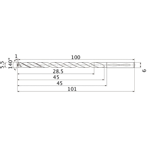 MNS0550LB TF15 5.5 mm Dia. × 6 mm Shank × 45 mm Flute Length × 101 mm OAL, 140°, 2 Flute, Coolant Thru, Solid Carbide Drill