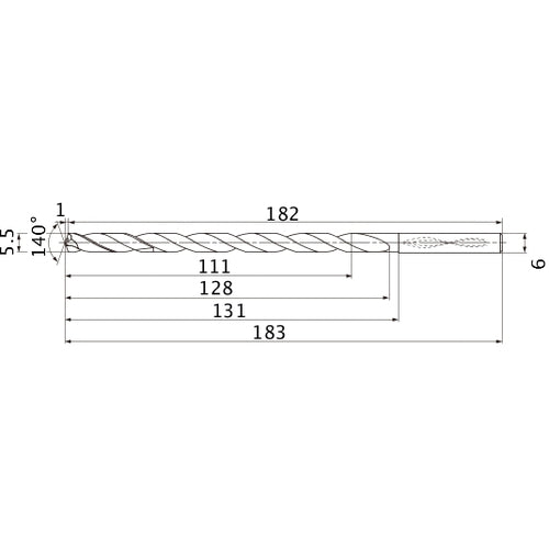MNS0550X20DB TF15 5.5 mm Dia. × 6 mm Shank × 128 mm Flute Length × 183 mm OAL, 140°, 2 Flute, Coolant Thru, Solid Carbide Drill