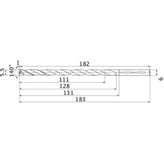 MNS0550X20DB TF15 5.5 mm Dia. × 6 mm Shank × 128 mm Flute Length × 183 mm OAL, 140°, 2 Flute, Coolant Thru, Solid Carbide Drill