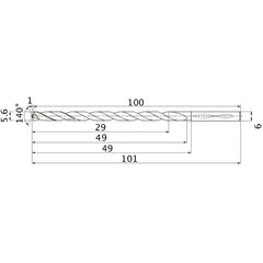 MNS0560LB TF15 5.6 mm Dia. × 6 mm Shank × 49 mm Flute Length × 101 mm OAL, 140°, 2 Flute, Coolant Thru, Solid Carbide Drill