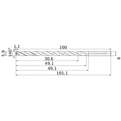 MNS0590LB TF15 5.9 mm Dia. × 6 mm Shank × 49.1 mm Flute Length × 101.1 mm OAL, 140°, 2 Flute, Coolant Thru, Solid Carbide Drill