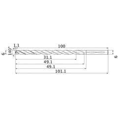 MNS0600LB TF15 6 mm Dia. × 6 mm Shank × 49.1 mm Flute Length × 101.1 mm OAL, 140°, 2 Flute, Coolant Thru, Solid Carbide Drill