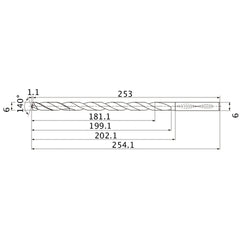 MNS0600X30DB TF15 6 mm Dia. × 6 mm Shank × 199.1 mm Flute Length × 254.1 mm OAL, 140°, 2 Flute, Coolant Thru, Solid Carbide Drill