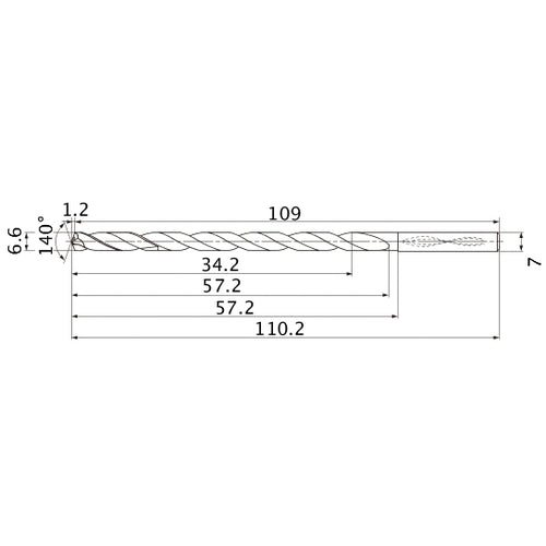 MNS0660LB TF15 6.6 mm Dia. × 7 mm Shank × 57.2 mm Flute Length × 110.2 mm OAL, 140°, 2 Flute, Coolant Thru, Solid Carbide Drill