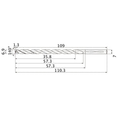 MNS0690LB TF15 6.9 mm Dia. × 7 mm Shank × 57.3 mm Flute Length × 110.3 mm OAL, 140°, 2 Flute, Coolant Thru, Solid Carbide Drill