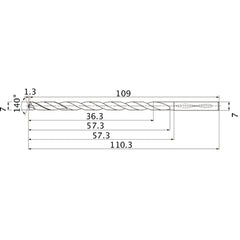 MNS0700LB TF15 7 mm Dia. × 7 mm Shank × 57.3 mm Flute Length × 110.3 mm OAL, 140°, 2 Flute, Coolant Thru, Solid Carbide Drill