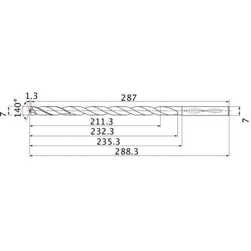 MNS0700X30DB TF15 7 mm Dia. × 7 mm Shank × 232.3 mm Flute Length × 288.3 mm OAL, 140°, 2 Flute, Coolant Thru, Solid Carbide Drill
