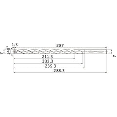 MNS0700X30DB TF15 7 mm Dia. × 7 mm Shank × 232.3 mm Flute Length × 288.3 mm OAL, 140°, 2 Flute, Coolant Thru, Solid Carbide Drill