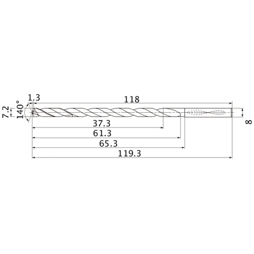 MNS0720LB TF15 7.2 mm Dia. × 8 mm Shank × 61.3 mm Flute Length × 119.3 mm OAL, 140°, 2 Flute, Coolant Thru, Solid Carbide Drill