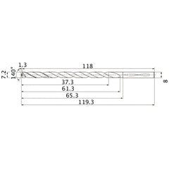 MNS0720LB TF15 7.2 mm Dia. × 8 mm Shank × 61.3 mm Flute Length × 119.3 mm OAL, 140°, 2 Flute, Coolant Thru, Solid Carbide Drill