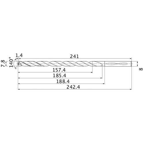 MNS0780X20DB TF15 7.8 mm Dia. × 8 mm Shank × 185.4 mm Flute Length × 242.4 mm OAL, 140°, 2 Flute, Coolant Thru, Solid Carbide Drill