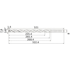 MNS0780X30DB TF15 7.8 mm Dia. × 8 mm Shank × 265.4 mm Flute Length × 322.4 mm OAL, 140°, 2 Flute, Coolant Thru, Solid Carbide Drill