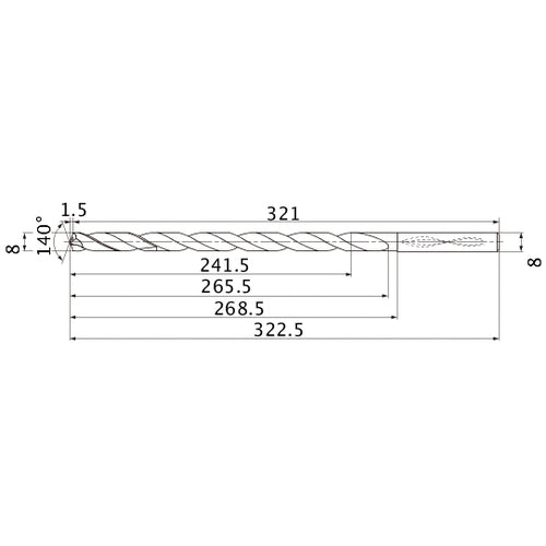 MNS0800X30DB TF15 8 mm Dia. × 8 mm Shank × 265.5 mm Flute Length × 322.5 mm OAL, 140°, 2 Flute, Coolant Thru, Solid Carbide Drill