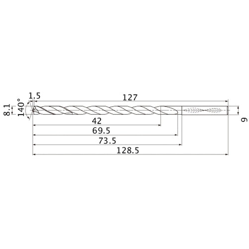 MNS0810LB TF15 8.1 mm Dia. × 9 mm Shank × 69.5 mm Flute Length × 128.5 mm OAL, 140°, 2 Flute, Coolant Thru, Solid Carbide Drill