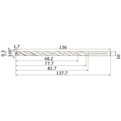MNS0930LB TF15 9.3 mm Dia. × 10 mm Shank × 77.7 mm Flute Length × 137.7 mm OAL, 140°, 2 Flute, Coolant Thru, Solid Carbide Drill
