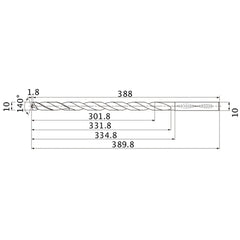 MNS1000X30DB TF15 10 mm Dia. × 10 mm Shank × 331.8 mm Flute Length × 389.8 mm OAL, 140°, 2 Flute, Coolant Thru, Solid Carbide Drill