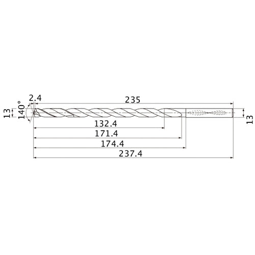 MNS1300X10DB TF15 13 mm Dia. × 13 mm Shank × 171.4 mm Flute Length × 237.4 mm OAL, 140°, 2 Flute, Coolant Thru, Solid Carbide Drill