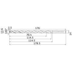 MNS1360LB TF15 13.6 mm Dia. × 14 mm Shank × 114.5 mm Flute Length × 178.5 mm OAL, 140°, 2 Flute, Coolant Thru, Solid Carbide Drill