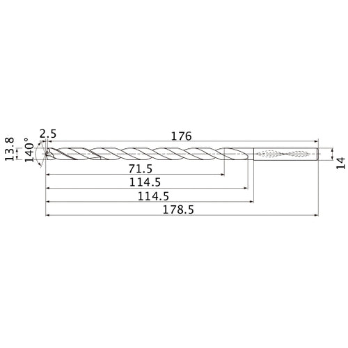 MNS1380LB TF15 13.8 mm Dia. × 14 mm Shank × 114.5 mm Flute Length × 178.5 mm OAL, 140°, 2 Flute, Coolant Thru, Solid Carbide Drill