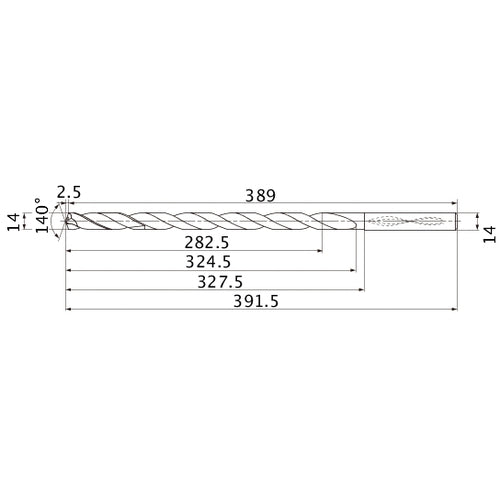 MNS1400X20DB TF15 14 mm Dia. × 14 mm Shank × 324.5 mm Flute Length × 391.5 mm OAL, 140°, 2 Flute, Coolant Thru, Solid Carbide Drill