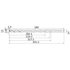 MNS1400X20DB TF15 14 mm Dia. × 14 mm Shank × 324.5 mm Flute Length × 391.5 mm OAL, 140°, 2 Flute, Coolant Thru, Solid Carbide Drill