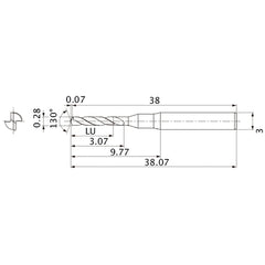 MSE0028SB VP20MF 0.28 mm Dia. × 3 mm Shank × 3.07 mm Flute Length × 38.07 mm OAL, 130°, 2 Flute, External Coolant, Solid Carbide Drill