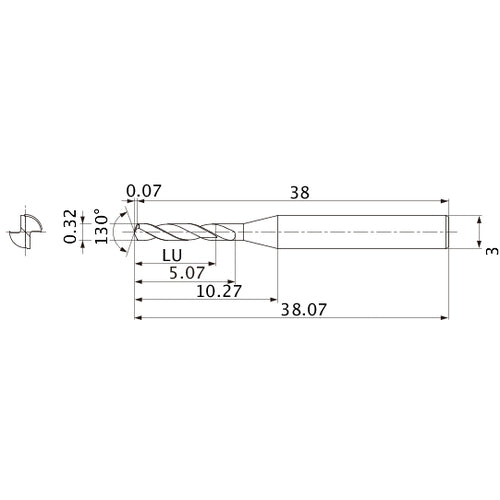 MSE0032SB VP15TF 0.32 mm Dia. × 3 mm Shank × 5.07 mm Flute Length × 38.07 mm OAL, 130°, 2 Flute, External Coolant, Solid Carbide Drill