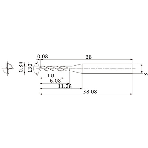 MSE0034SB VP15TF 0.34 mm Dia. × 3 mm Shank × 6.08 mm Flute Length × 38.08 mm OAL, 130°, 2 Flute, External Coolant, Solid Carbide Drill
