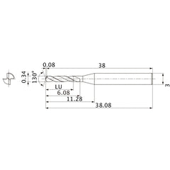 MSE0034SB VP15TF 0.34 mm Dia. × 3 mm Shank × 6.08 mm Flute Length × 38.08 mm OAL, 130°, 2 Flute, External Coolant, Solid Carbide Drill
