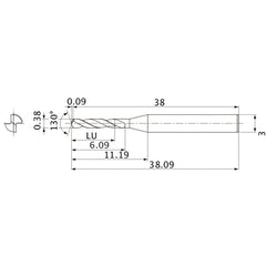 MSE0038SB VP15TF 0.38 mm Dia. × 3 mm Shank × 6.09 mm Flute Length × 38.09 mm OAL, 130°, 2 Flute, External Coolant, Solid Carbide Drill