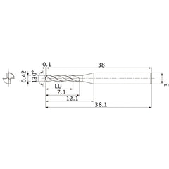 MSE0042SB VP15TF 0.42 mm Dia. × 3 mm Shank × 7.1 mm Flute Length × 38.1 mm OAL, 130°, 2 Flute, External Coolant, Solid Carbide Drill
