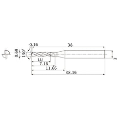 MSE0069SB VP15TF 0.69 mm Dia. × 3 mm Shank × 7.16 mm Flute Length × 38.16 mm OAL, 130°, 2 Flute, External Coolant, Solid Carbide Drill