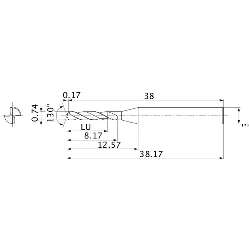 MSE0074SB VP15TF 0.74 mm Dia. × 3 mm Shank × 8.17 mm Flute Length × 38.17 mm OAL, 130°, 2 Flute, External Coolant, Solid Carbide Drill